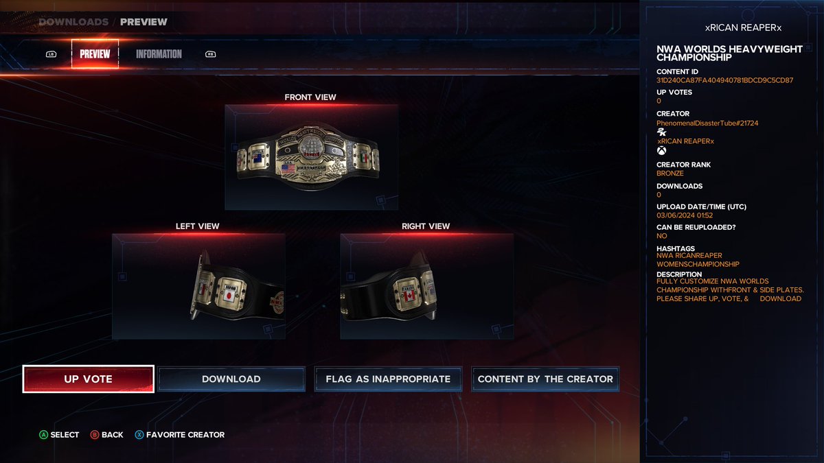xRICANREAPERx's tweet photo. Now available to download
Fully customizable NWA WORLDS championship with front & side plates. Please up vote, share, download & tell your friends. More to come. Use the tag RICANREAPER to find me @WWEgames
#WWE2K24 #wwe #NWA #communitycreations #xboxupload #ps5share https://t.co/uvu3gU8qKL
