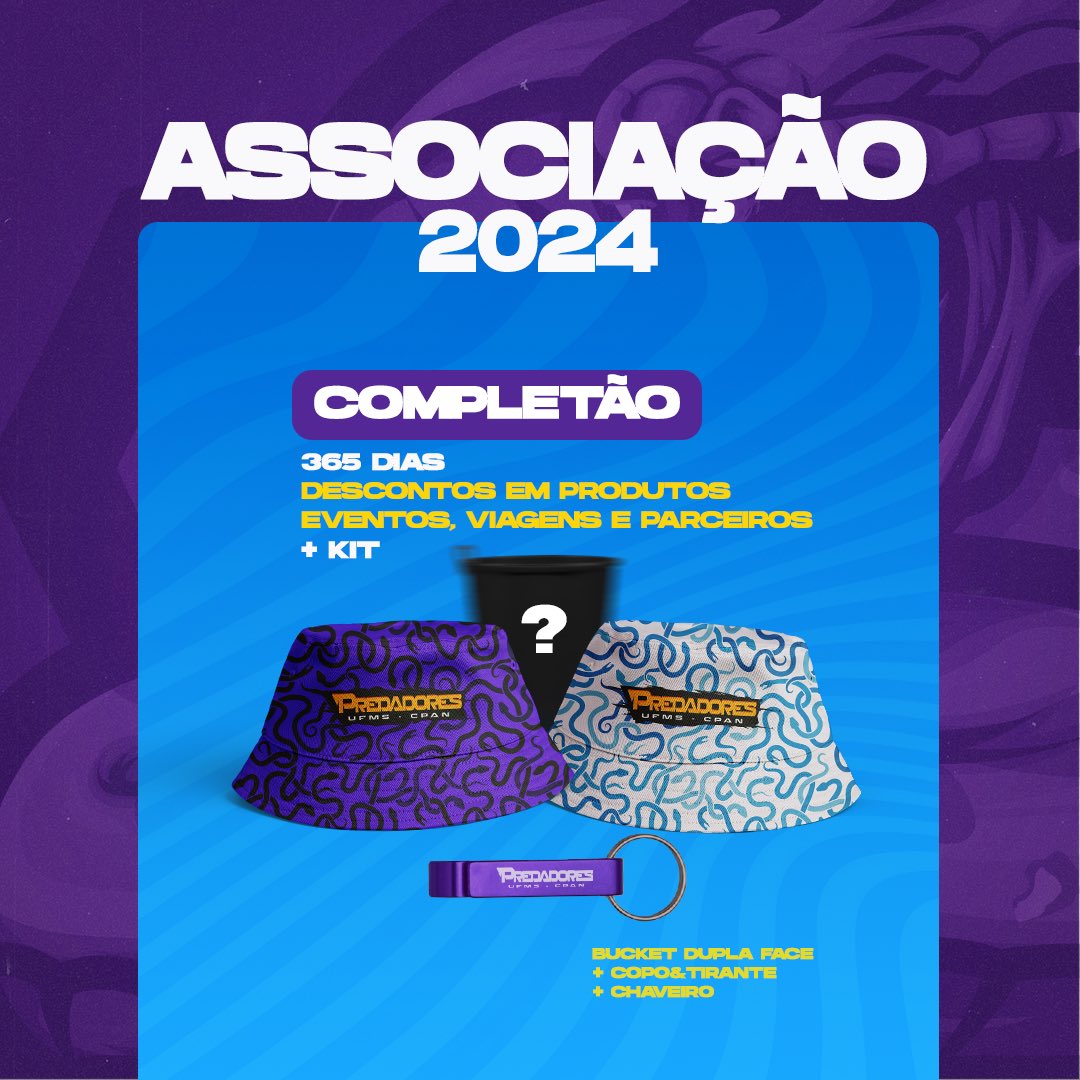 PredadoresUfms's tweet photo. Lembrando que nossos pacotes de associação estão abertos. 

E com uma novidade: quem é externo tbm pode garantir seu kit e descontos com parceiros e produtos. 

Corre no cheers e já garante o seu! 💜💙🐍 https://t.co/bPf95SQaSH