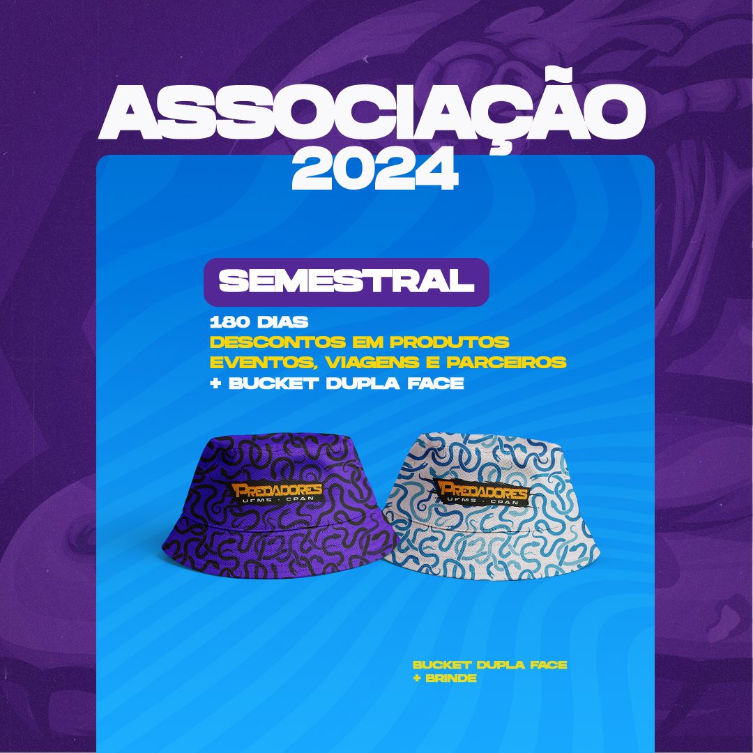 PredadoresUfms's tweet photo. Lembrando que nossos pacotes de associação estão abertos. 

E com uma novidade: quem é externo tbm pode garantir seu kit e descontos com parceiros e produtos. 

Corre no cheers e já garante o seu! 💜💙🐍 https://t.co/bPf95SQaSH