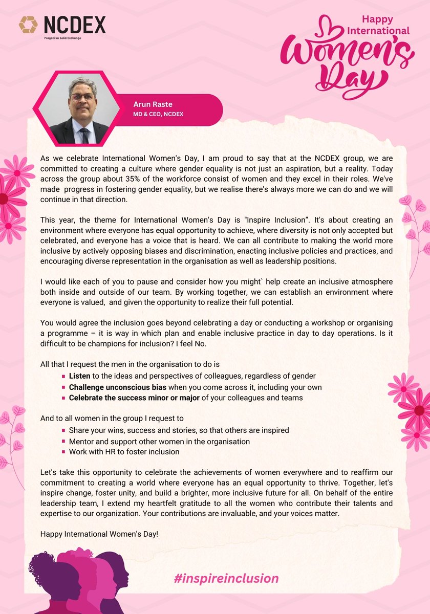 Message from Mr. @arun_raste  , MD & CEO, NCDEX on the occasion of #internationalwomensday2024.

#womensday2024 #commoditymarkets #derivativestrading
@NICR_INDIA @NCDEXeMarkets @nerl_repository