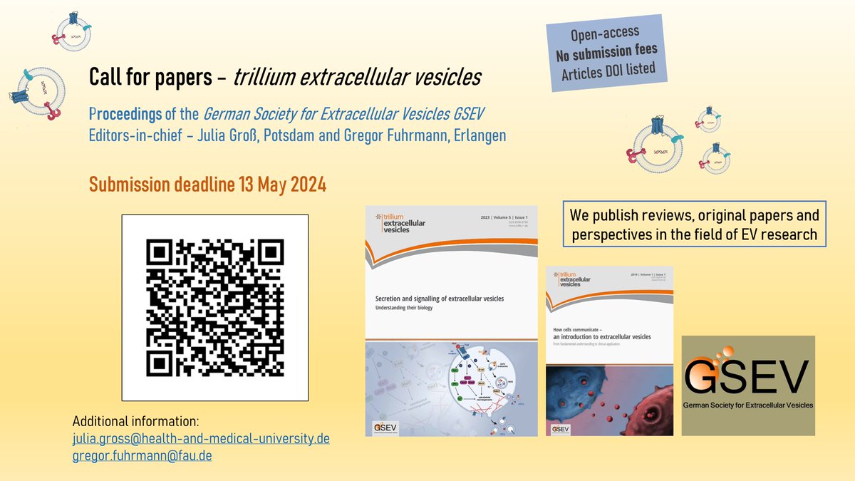 Call for contributions! Are you a researcher working on #ExtracellularVesicles and co? Then our @GSEVorg proceedings 'Trillium Extracellular Vesicles' 👇is the perfect journal to publish your work. All manuscripts are DOI listed and OA. 

Submission deadline 13 May. Please RT