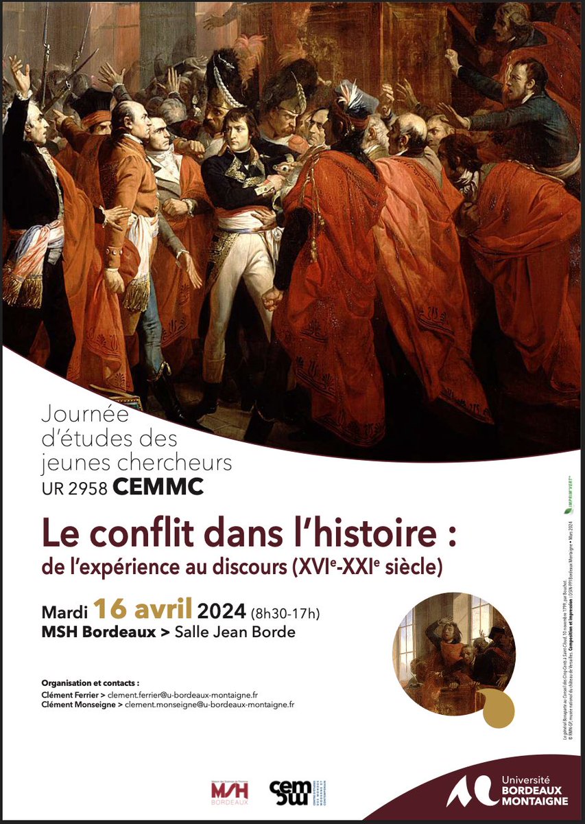 Très heureux d’annoncer la tenue, le 16 avril, d’une journée d’étude du <a href="/Cemmc33/">Cemmc</a> à <a href="/UBMontaigne/">Université Bordeaux Montaigne</a> - <a href="/mshbordeaux/">MSH Bordeaux @mshbordeaux.bsky.social</a> que nous organisons avec <a href="/CMonseigne/">Clément Monseigne</a> autour du conflit à l’époque moderne et contemporaine ! Un lien zoom est disponible sur demande.