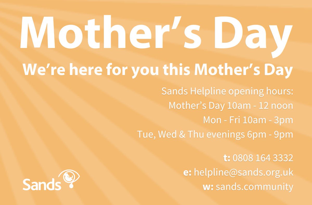We are here for you this #MothersDay 💙🧡 We understand that you may find this week difficult. Our helpline is open and will also be available from 10am – 12 noon on Mother’s Day. ➡️ sands.org.uk/mothersday #BabyLoss #PregnancyLoss