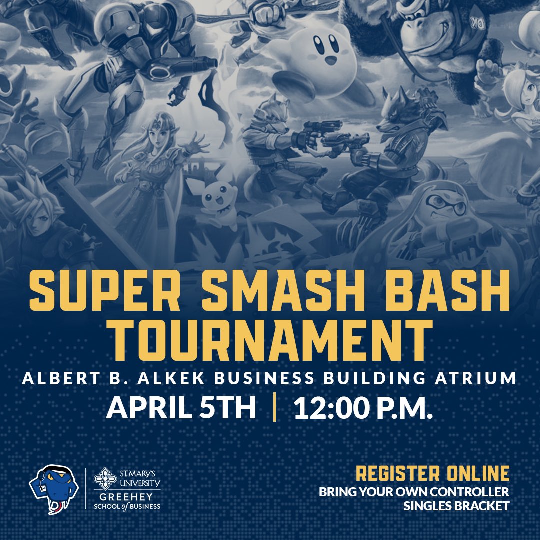 The Greheey School of Business & St. Mary's Esports present the Super Smash Bash Tournament! All students, staff & alumni are invited to join April 5th in the Alkek Atrium! Tournament participants & spectators must register online prior to the event. @StMarysU | #FangsOut 🐍
