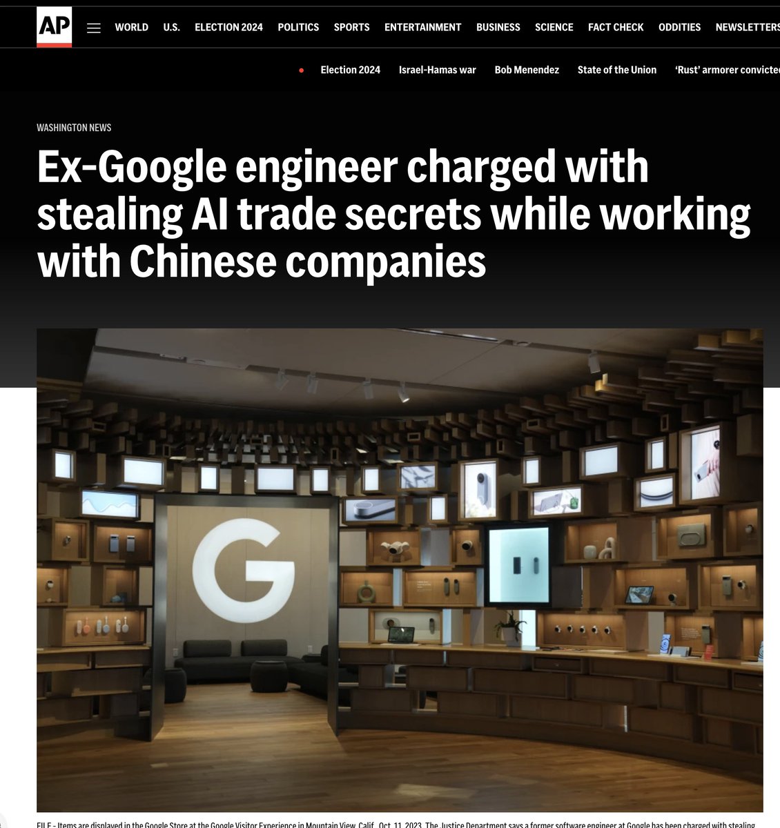 rowancheung's tweet photo. An ex-Google software engineer was just charged with stealing AI trade secrets from the company and secretly working with two China-based AI startups.

The leaker, Linwei Ding, now faces up to 10 years in prison.

This story is intense:                           

1. Google found out that its confidential information was getting leaked

2. On further investigation, Google found out Ding had been uploading hundreds of confidential files to his personal Google Cloud for over two years (lol)

3. Within weeks of the theft starting, prosecutors say, Ding was offered CTO at an early-stage AI startup in China

4. On top of that, Ding ALSO founded his own China-based startup focused on training large AI models powered by supercomputing chips

5. Another employee was scanning Ding's access badge at the Google building in the U.S. to make it look like he was there when he was actually in China

6. The FBI seized Ding's electronic devices and uncovered more than 500 unique files of confidential information stolen from Google...

Two main points stood out to me.

First, the lengths to which individuals and organizations will go to steal AI data are only going to get worse. Alarming to consider how much of this might already be happening behind the scenes, undetected.

Second, beyond headlines, we have limited insight into the advancements in AI R&D happening in China. From the research I've been following, their progress is becoming increasingly impressive and legitimate.

Take that for what you will, but China's AI scene is booming, and they're willing to go to great lengths to catch the US.