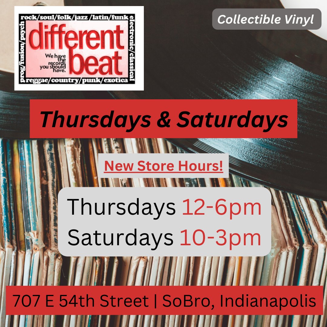 Different Beat Records is OPEN Today (Thursday March 7th) 12-6pm. 707 E. 54th Street (next to the Jazz Kitchen. "We have the records you should have." 
#Indy #ClassicVinyl #Indie