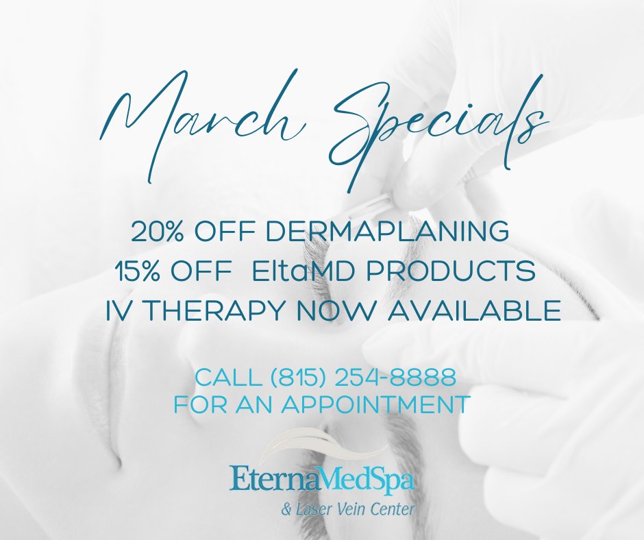 EternaMedSpa's tweet photo. Make an appointment and take advantage of our March specials! Give us a call today. https://t.co/nclPT1GLE2 https://t.co/a3YZ2C6VcO