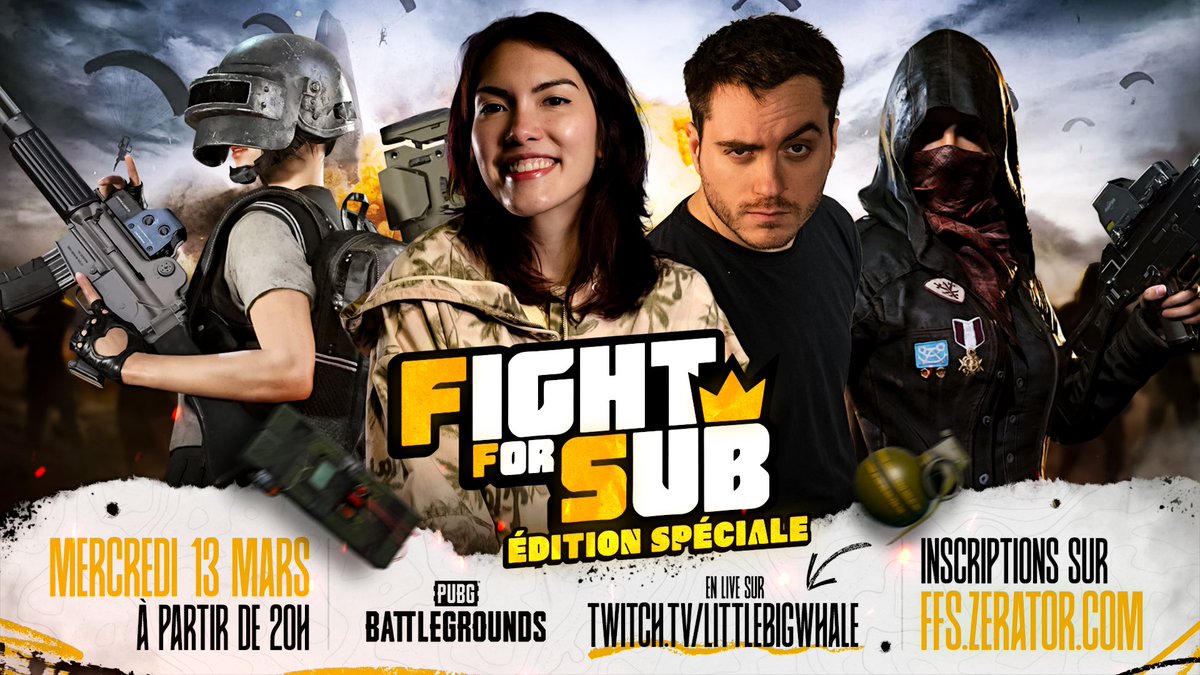FightForSub un peu spécial qui aura lieu mercredi prochain, il sera sur PUBG et réservés aux femmes et aux genres marginalisés. Je serai en vocal avec <a href="/LittleBigWhale/">Marianne</a> qui host l’événement. Inscriptions ouvertes ici :
ffs.zerator.com

ffs.zerator.com/events/v1vXbj3…