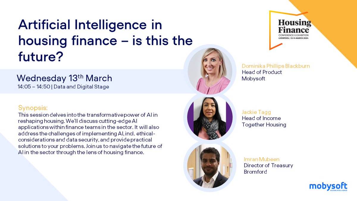 Get ready for the NHF Finance Conference! 💷 

📅 12 - 14 March
📌 ACC Liverpool, Kings Dock, Liverpool, L3 4FP
🔎 Stand 517

Dive into AI's impact on housing finance with Mobysoft, Together Housing, and Bromford. Don't miss out! 

#NHF #NHFFinance2024 #AI #BigData 🏠💼