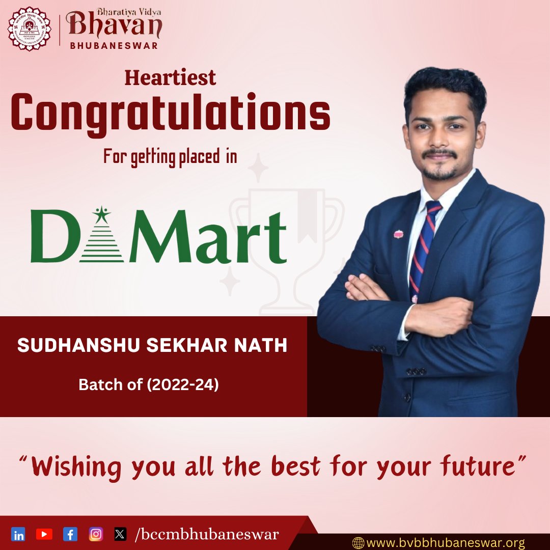 BccmBhubaneswar's tweet photo. Many congratulations to Susmita Priyadarshini, Sagar Samant, and Sudhanshu Sekhar Nath for getting placed at D-Mart. Best wishes for your professional journeys ahead.
#placements2024 #NewBeginnings #Admissions2024 #BCCM #BestManagementCollege #bestbschool #Bhubaneswar #Odisha https://t.co/uFVdeCvI4k