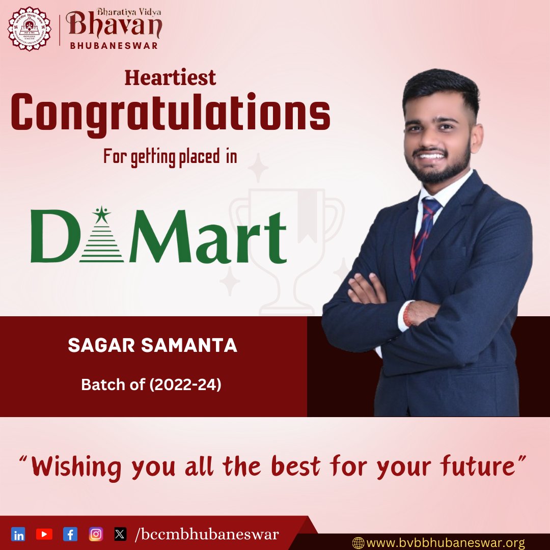 BccmBhubaneswar's tweet photo. Many congratulations to Susmita Priyadarshini, Sagar Samant, and Sudhanshu Sekhar Nath for getting placed at D-Mart. Best wishes for your professional journeys ahead.
#placements2024 #NewBeginnings #Admissions2024 #BCCM #BestManagementCollege #bestbschool #Bhubaneswar #Odisha https://t.co/uFVdeCvI4k