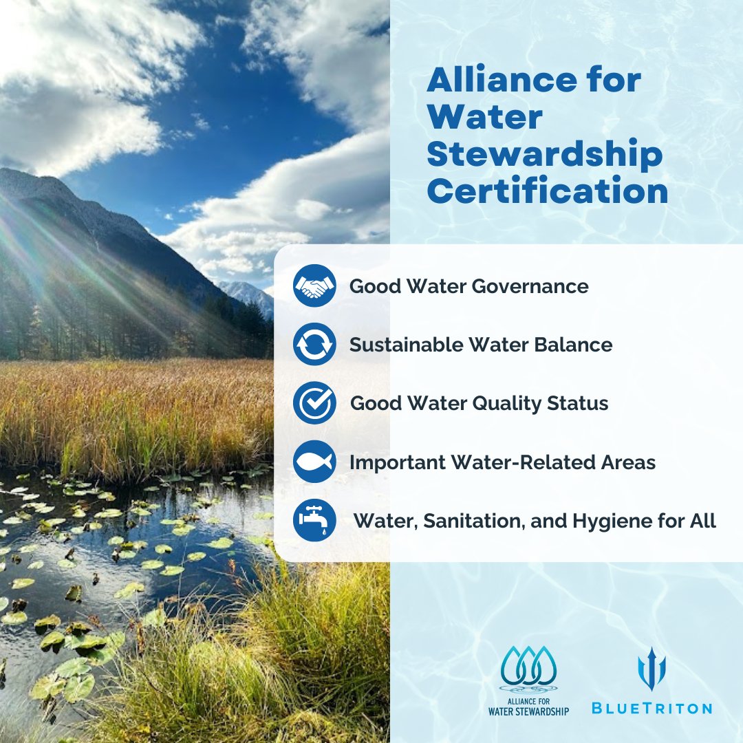 BlueTriton Brands is dedicated to positive water stewardship! Since obtaining AWS certification at our Hope, BC facility, we prioritize sustainability, safeguarding water quality for future generations. #Sustainability #BlueTritonBrands #AWSCertification