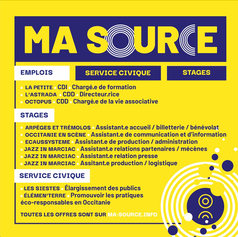 🔵🟡 𝗙𝗢𝗖𝗨𝗦 𝗠𝗔 𝗦𝗢𝗨𝗥𝗖𝗘 • Les offres d’emploi, stage et service civique.
Toutes les deux semaines, le jeudi, retrouvez sur nos réseaux un résumé des offres du secteur en Occitanie.

Retrouvez toutes les offres sur ma-source.info