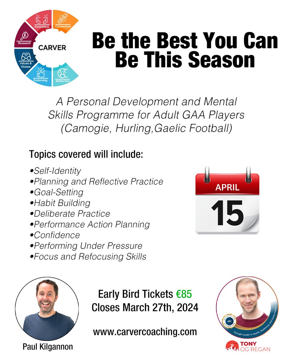 Looking to have your Best Sporting Season Yet✨️✨️ We are extremely excited to be delivering this impactful program for Adult GAA players with @carver_coaching. @officialgaa @gaelicplayers Full details in my bio #personaldevelopment #mentalskillstraining