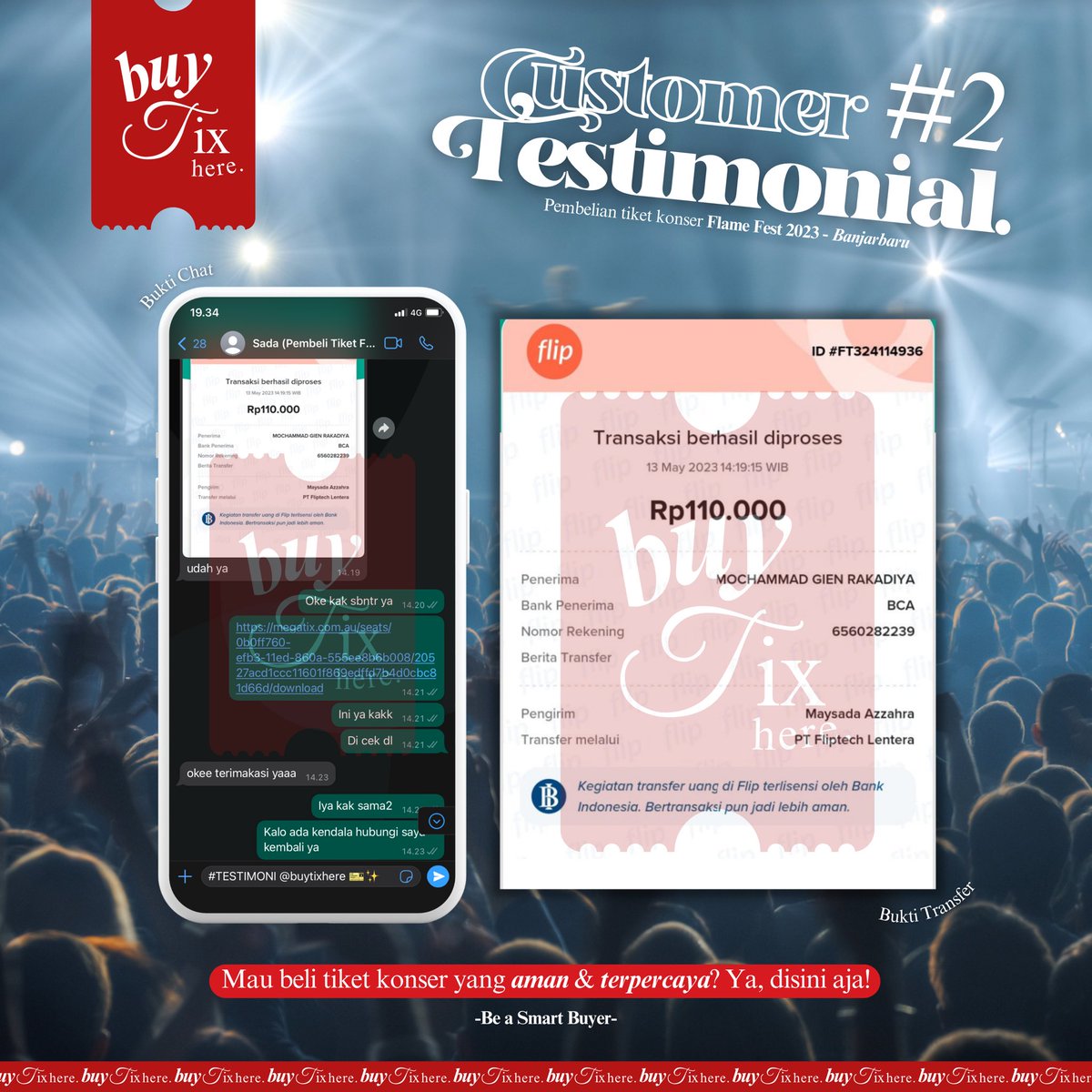 buytixhere's tweet photo. 𝗖𝘂𝘀𝘁𝗼𝗺𝗲𝗿 𝗧𝗲𝘀𝘁��𝗺𝗼𝗻𝗶𝗮𝗹 #2

Terimakasih telah percaya untuk membeli tiket konser “Flame Fest 2023” di 𝗕𝘂𝘆 𝗧𝗶𝘅 𝗛𝗲𝗿𝗲 🎫✨

“BE A SMART BUYER”

#buytixhere
#testimonial 
#tiketkonser
#zonauang https://t.co/4eAXKXWMPu