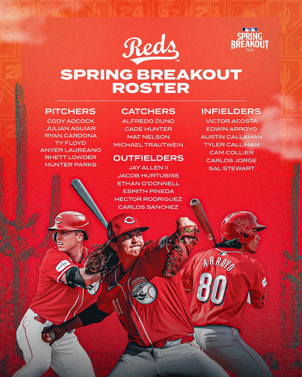 🚨 #SpringBreakout Roster 🚨

24 Reds prospects will take the field against prospects from the Rangers on 3/14 &amp; Guardians on 3/16 ➡️ MLB.com/SpringBreakout