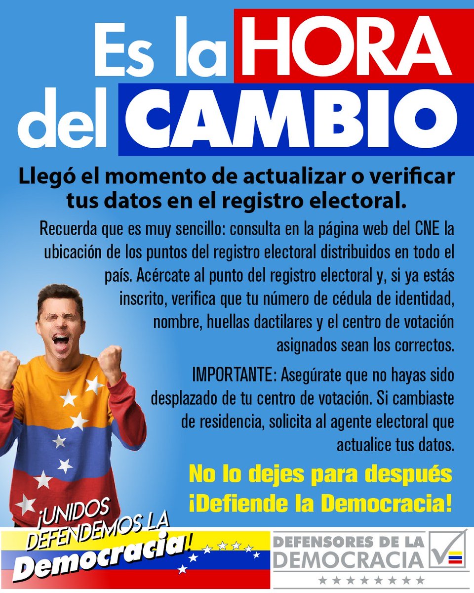 Prepárate para inscribirte en las jornadas especiales de Registro Electoral entre el 18 de marzo y 16 de abril y, revisa tus datos electorales en la página web del CNE #DefiendeLaDemocracia #DefensoresDeLaDemocracia #EleccionesLibresJustasyVerificables