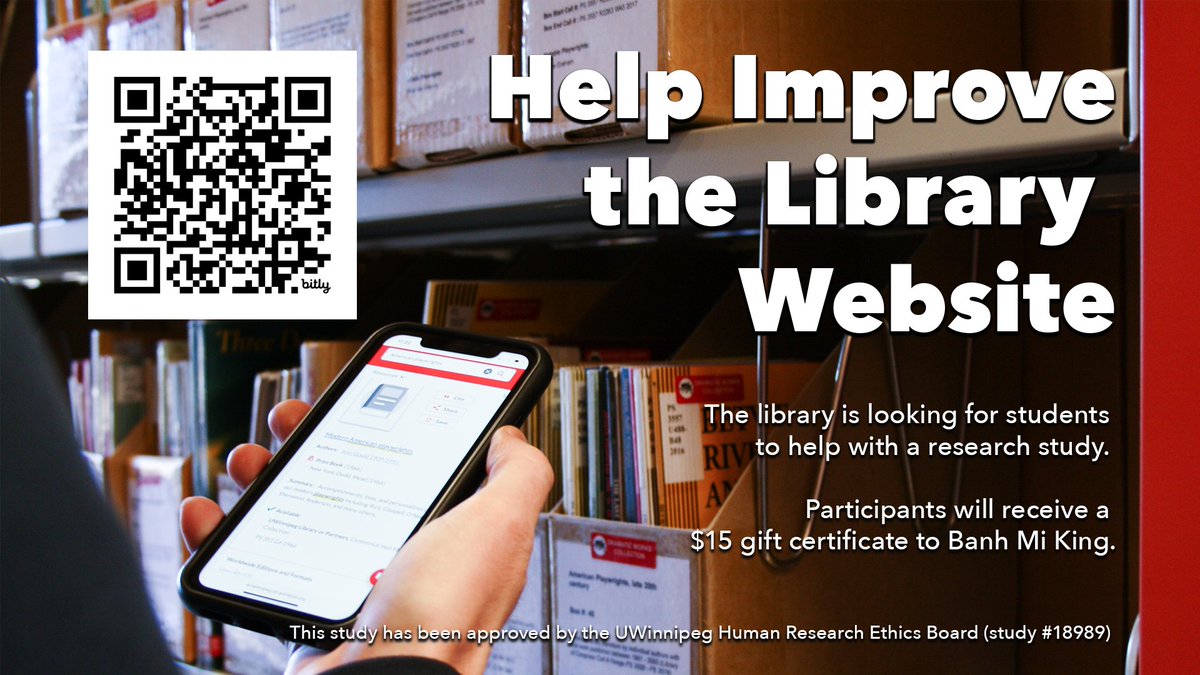 We are looking for student participants to help improve the library website. It will take about 45 minutes and you will receive a $15 gift certificate to Banh Mi King. Visit the project website for more information and to participate. bit.ly/3wKWVx2