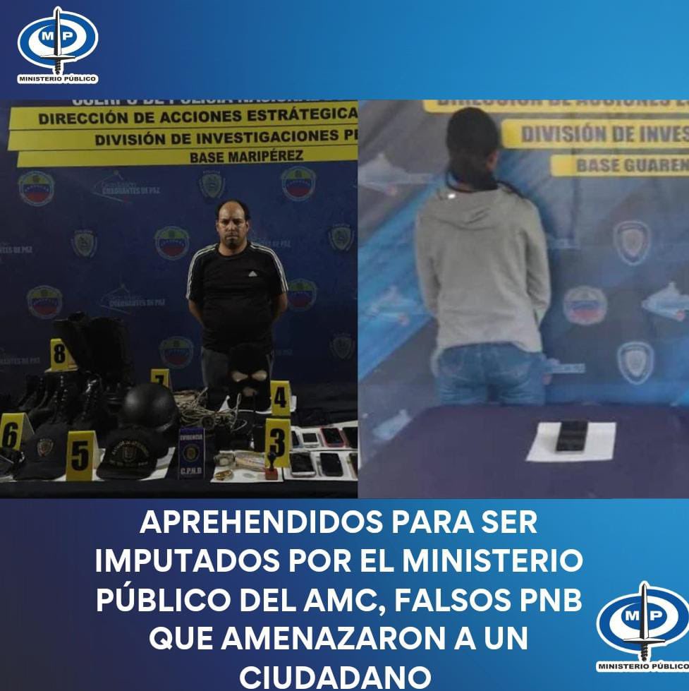 TarekWiliamSaab's tweet photo. #AHORA

#Aprehendidos para ser  #Imputados por el @MinPublicoVEN del AMC: dos sujetos que se hacían pasar por policías: quienes serán procesados por los #Delitos de: Usurpación de Funciones Públicas e Incitación al Odio

dichos delincuente utilizaban indumentaria alusiva a la #PNB, cometiendo irregularidades y vociferando amenazas de muerte en contra de un ciudadano.

#Justicia