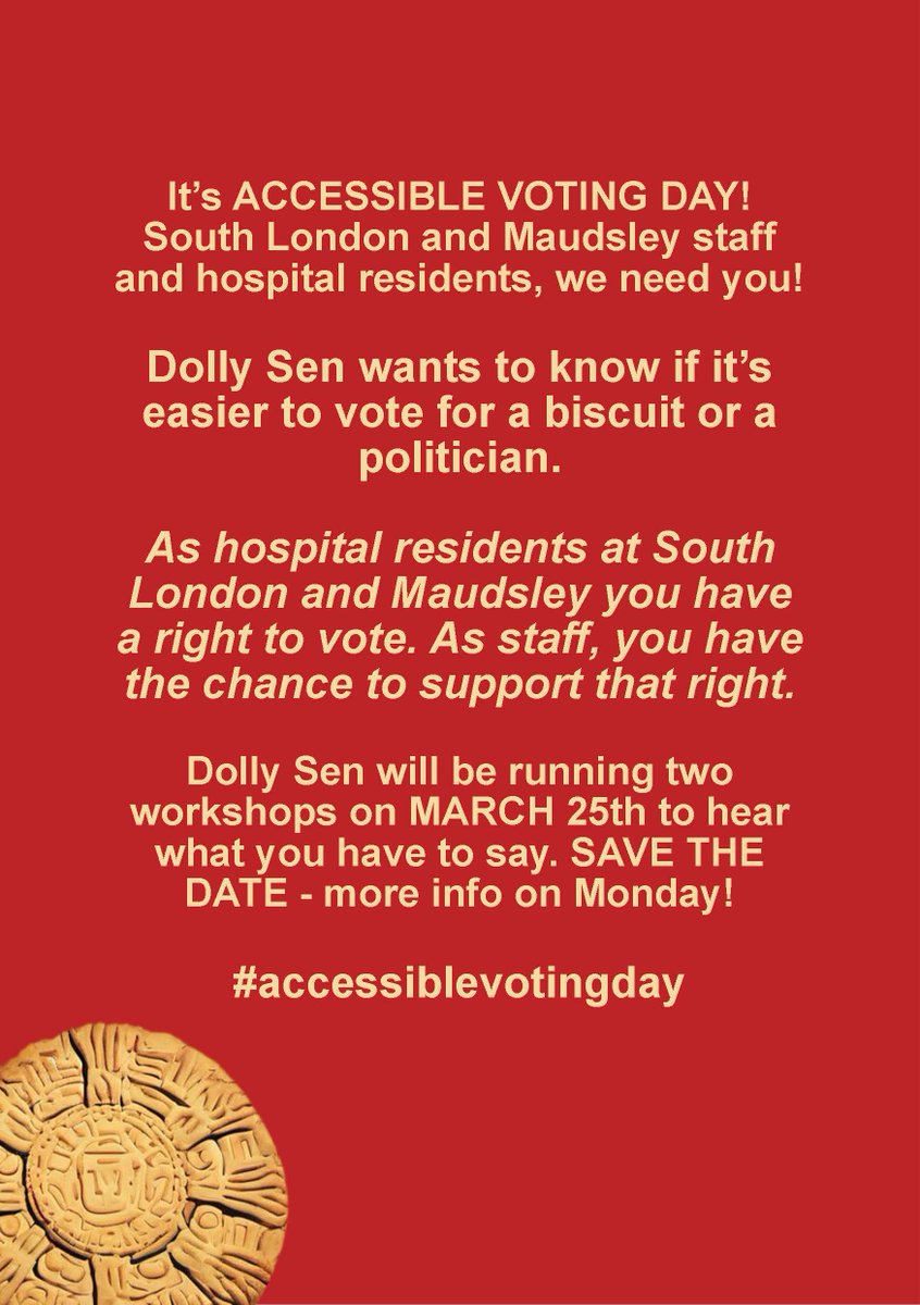 Calling SLaM staff and hospital residents! We need YOU for our creative workshops about voting rights. See pics - more info plus sign-up is coming on Monday.
#AccessibleVotingDay #vote #yourrights #biscuits @slam_unison @maudsleynhs @maudsleycharity @ortusmaudsley