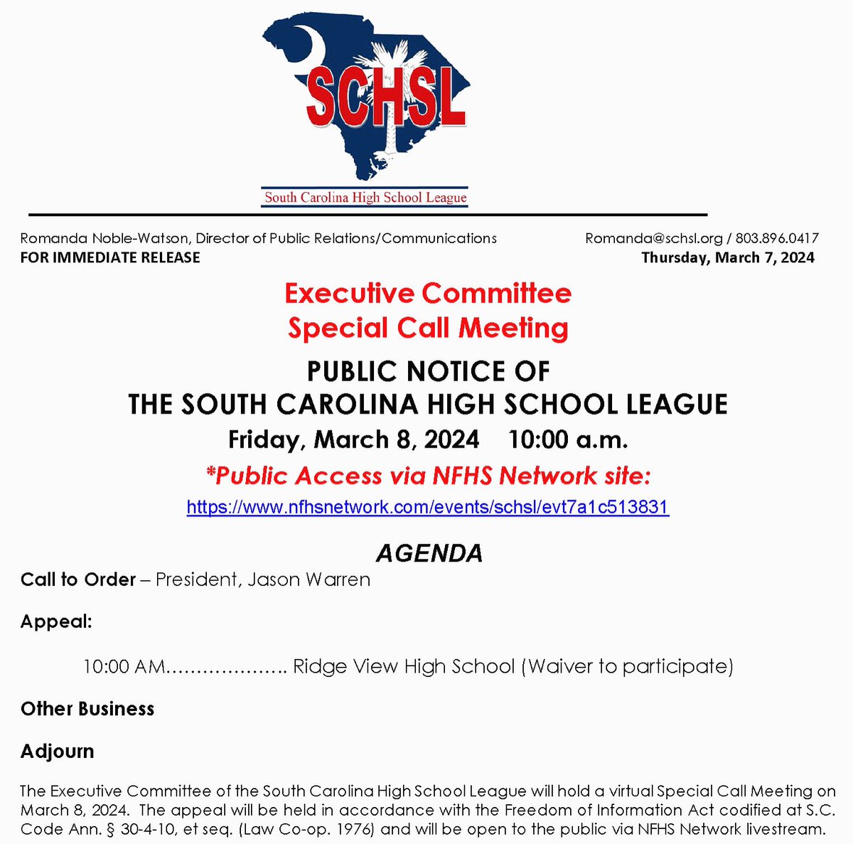 The @SCHSL Executive Committee will hold a virtual Special Call Meeting, Friday, March 8, 2024 at 10:00 am Viewing available live at nfhsnetwork.com/events/schsl/e… #WeAreSCHSL