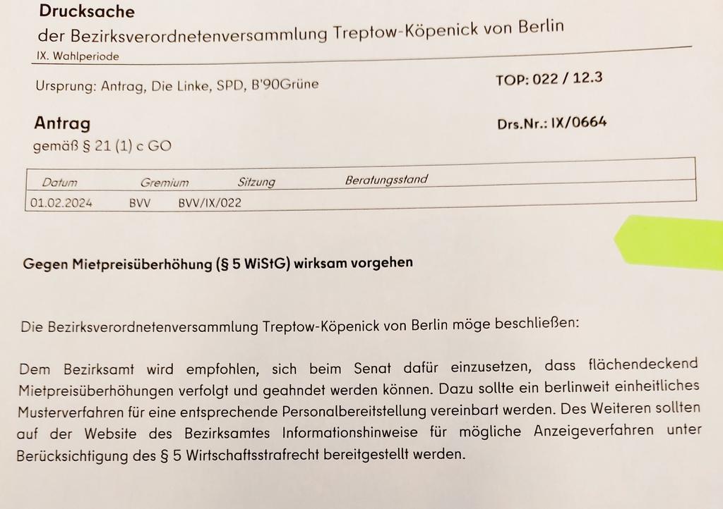 #BVV #Treptow_Köpenick beschließt #Antrag  'Gegen Mietpreisüberhöhung (§5 WiStg) wirksam vorgehen 
@linksfraktiontk