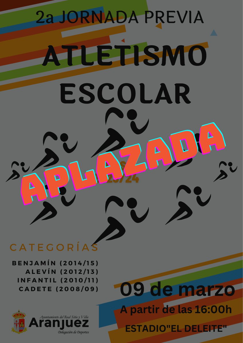 Aplazada por lluvia la 2ª jornada del atletismo escolar que se iba a celebrar el sábado 9 de marzo. Así, la primera jornada será el próximo 16 de marzo, la 2ª jornada el día 3 de abril y la jornada final el día 16 de abril.