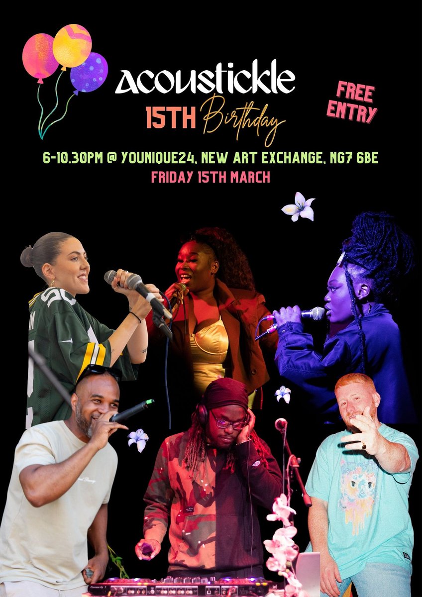Delighted to host our 15th birthday next Friday at @newartexchange for #YOUnique24. The line up reflects history we've built in Nottingham, Acoustickle's versatility as a platform AND the city's diversity! It's free entry thanks to the festival 🥰 INFO: eventbrite.co.uk/e/younique24-a…