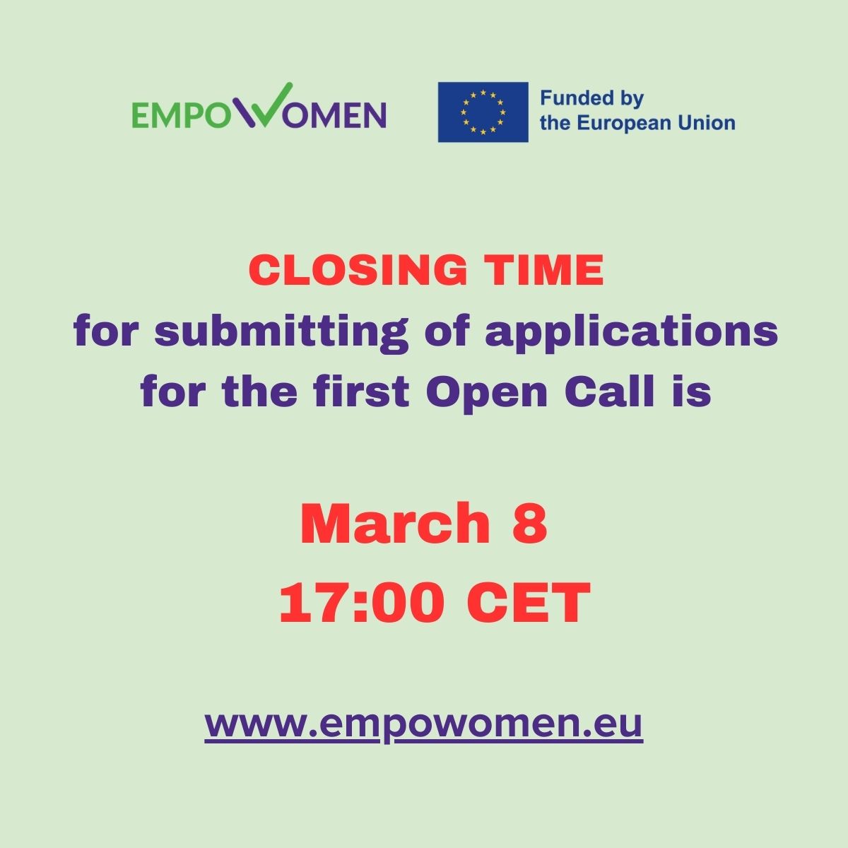Please remember that on Friday, March, 8, at 17:00 Brussels Time, we stop accepting applications within the first Open Call for the EmpoWomen Program.

empowomen.eu

#EmpoWomen #WomeninTech #DeepTech #Investment