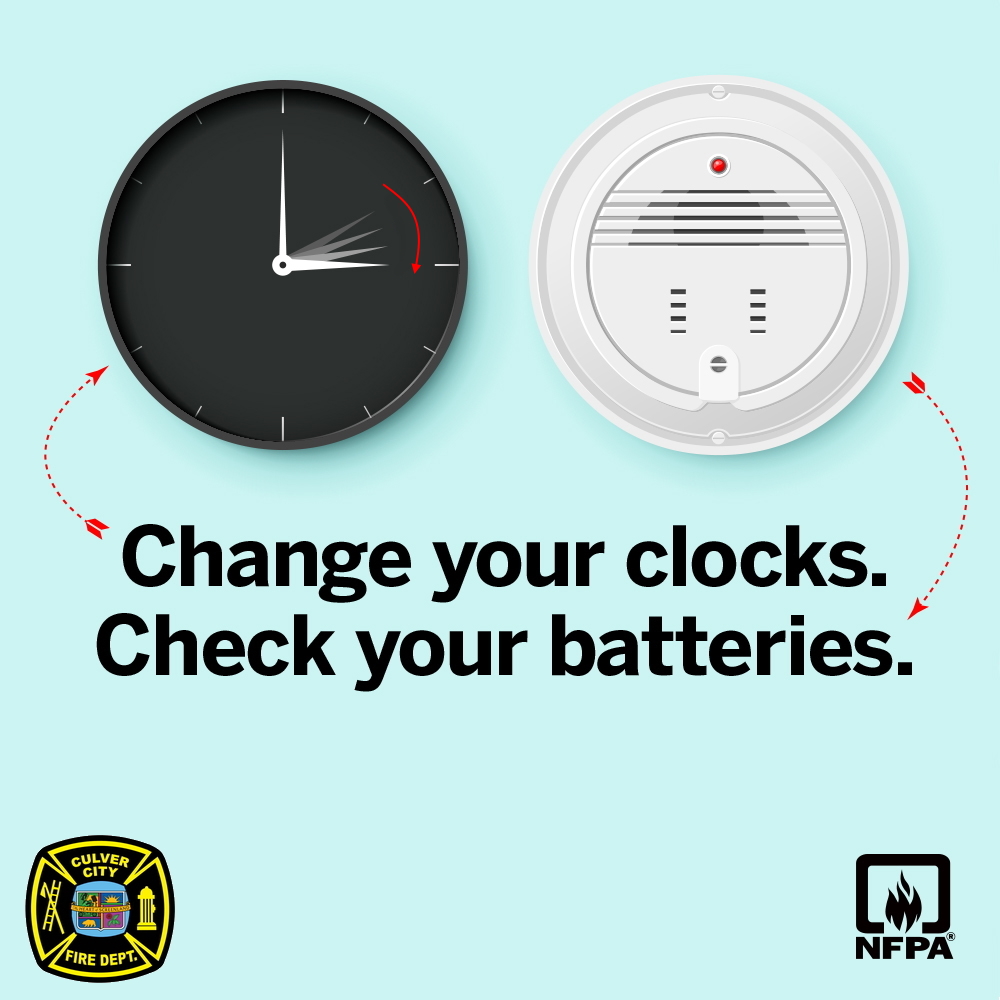 It’s that time of year again – Daylight Savings is happening this Sunday, March 10th. As we spring forward an hour, the Culver City Fire Department and NFPA would like to mention that this is a great time to check your smoke detector batteries while you adjust your clocks!