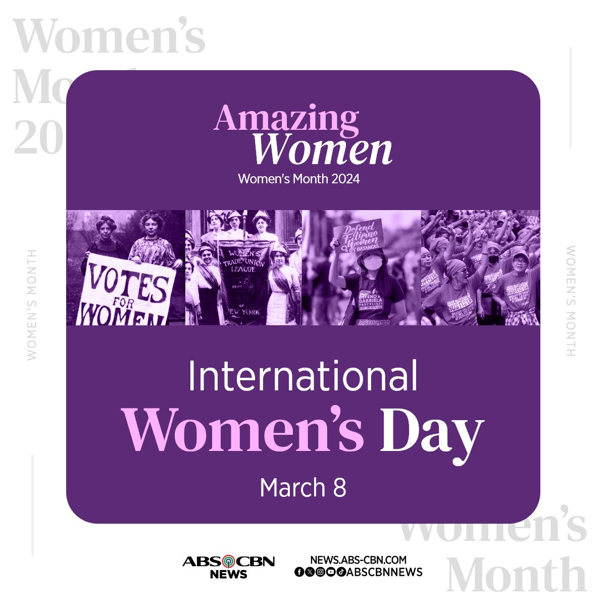 ABSCBNNews's tweet photo. This International Women's Day, let us celebrate and appreciate each and every woman in our lives. 💜 #AmazingWomen https://t.co/q0PgyutKAl