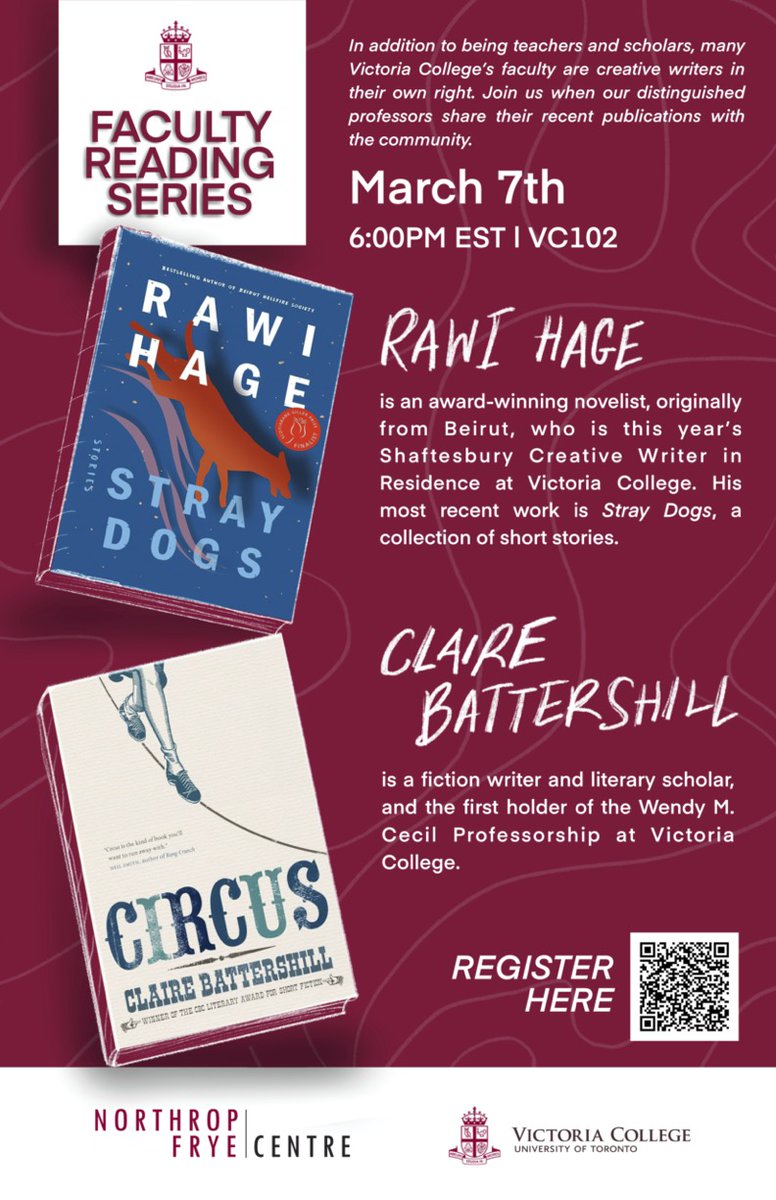 Tonight! Rawi Hage and Claire Batterhill read at <a href="/VicCollege_UofT/">Vic College UofT</a>.  Full details, including link to the livestream, here: vic.utoronto.ca/whats-happenin…