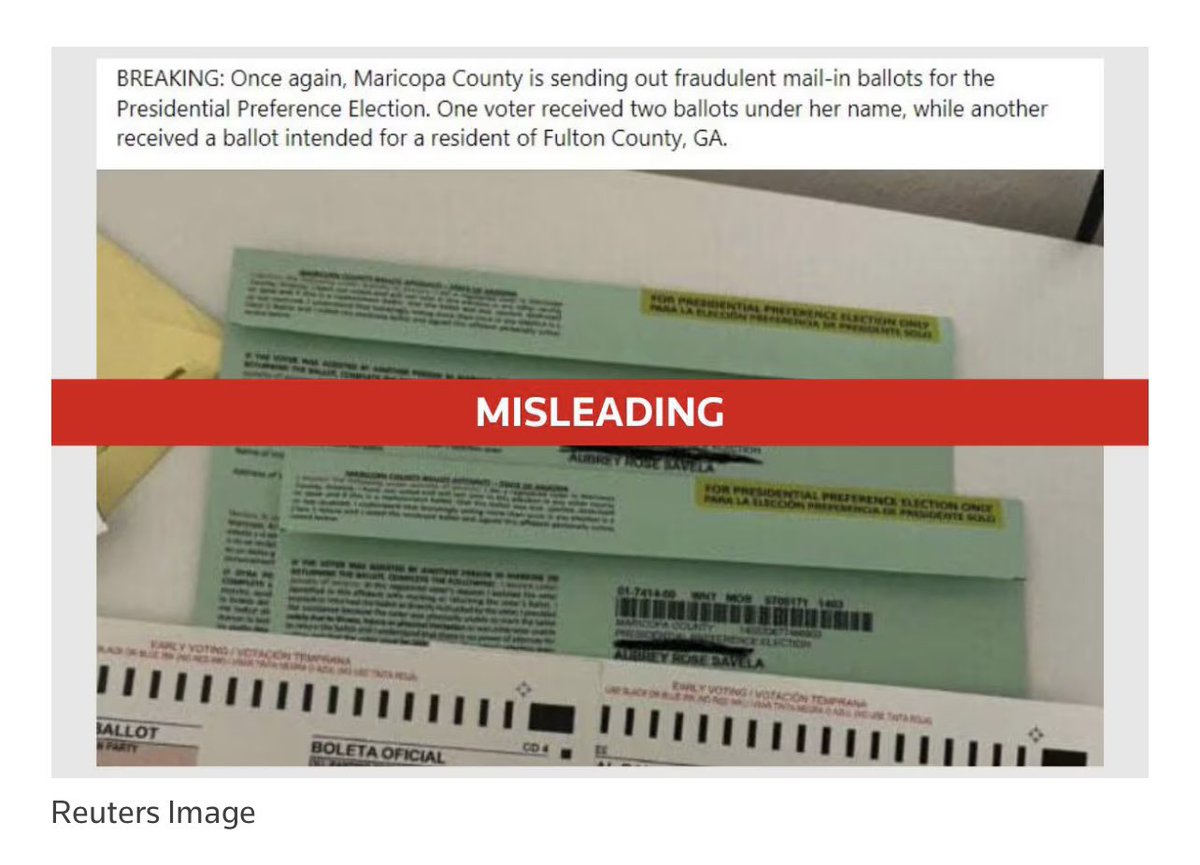 aleceballosv's tweet photo. Two examples of irregular ballots received in Maricopa County, Arizona, are not evidence of voter fraud. Officials said there are voting safeguards in place for both cases https://t.co/3LfXqQapGp https://t.co/CvRSqy1VZP