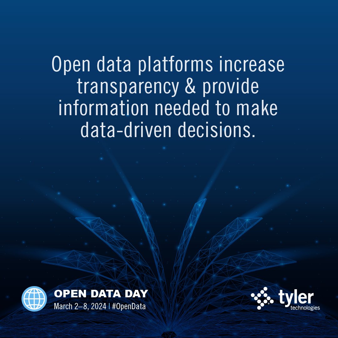 In honor of #OpenData, we're highlighting Tyler clients who demonstrate the power of open data in government.

🔹Explore how Tyler clients are using Tyler's data platform to make data-driven decisions in their community: bit.ly/3wKcxAI

#LocalGov #StateGov