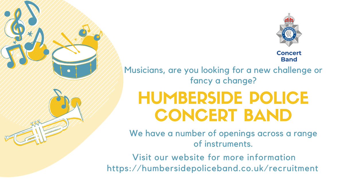 Humberside Police Concert Band are recruiting for a number of crucial positions! If you think you are the right person for the task or know of someone is, please get in touch. 🎵🎼 @HPConcertBand
