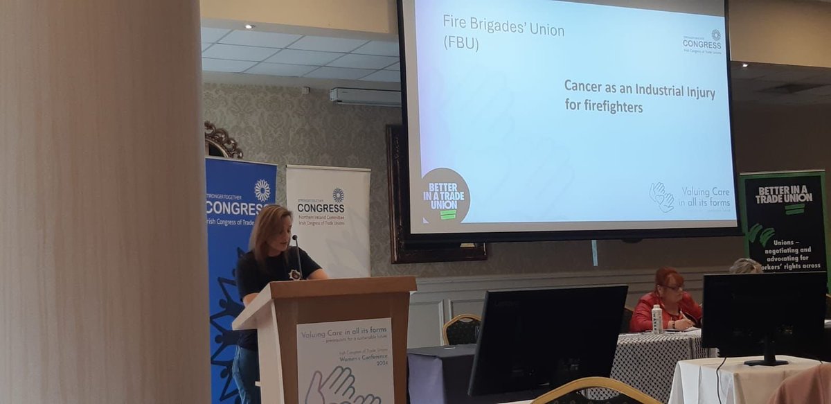 Northern Ireland women’s rep Jess moving our motion on Cancer as an Industrial Injury to Firefighters at the @irishcongress women’s Conference. #DECON #ictuWomen24 @fbunational which was carried ✊ Well done Jess 💜💚🤍