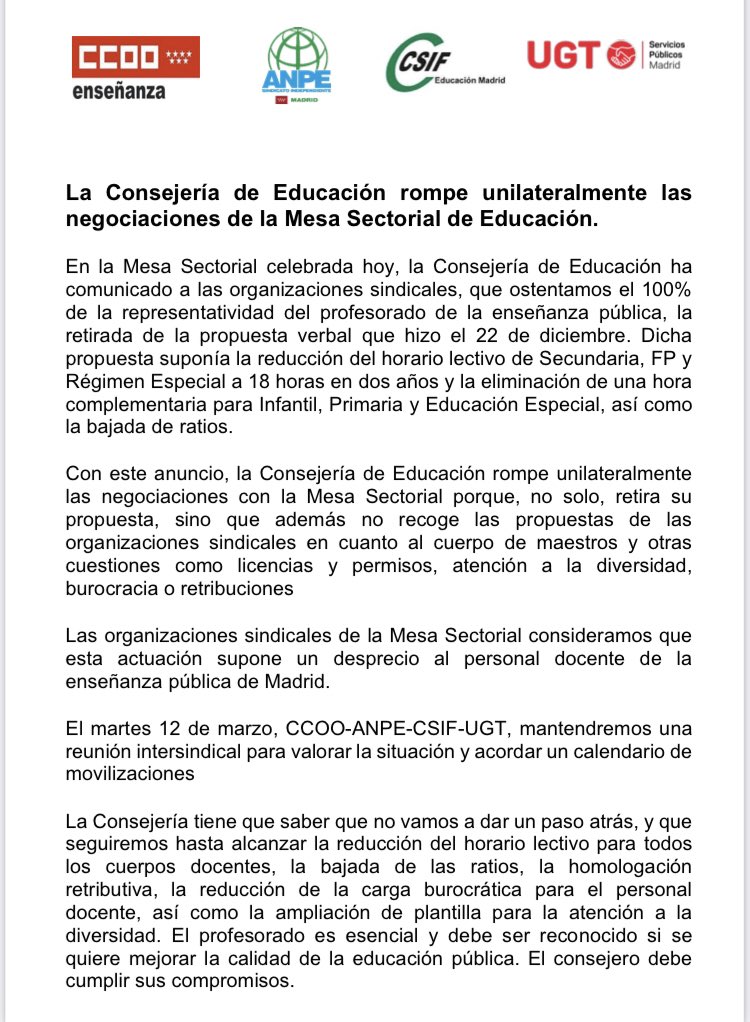 ugt_educamadrid's tweet photo. 🔴 UGT-SP ENSEÑANZA MADRID INFORMA🔴

La Consejería de Educación rompe unilateralmente las negociaciones de la Mesa Sectorial

📲 Comparte con tus compañeros/as de claustro

Apúntate a nuestro canal de Telegram
https://t.co/rHeywIxxUY

Docentes esenciales👨🏻‍🏫👩🏼‍🏫
Elige UGT https://t.co/t03QSMUjdF