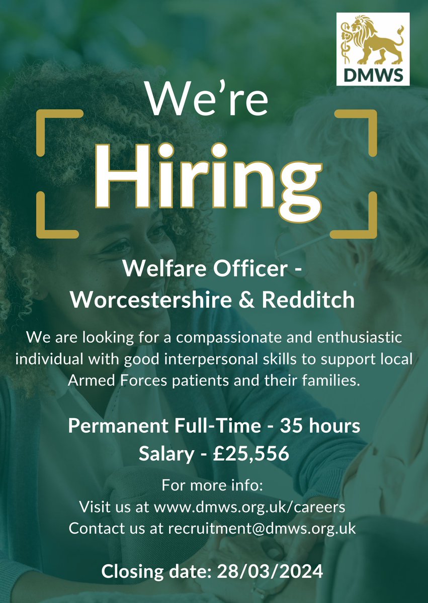 Job Vacancy: Welfare Officer for Worcestershire & Redditch Do you want to make a real difference to the Armed Forces Community and their families? To apply, please follow the link: dmws.org.uk/careers/9065/ #supportingthefrontline