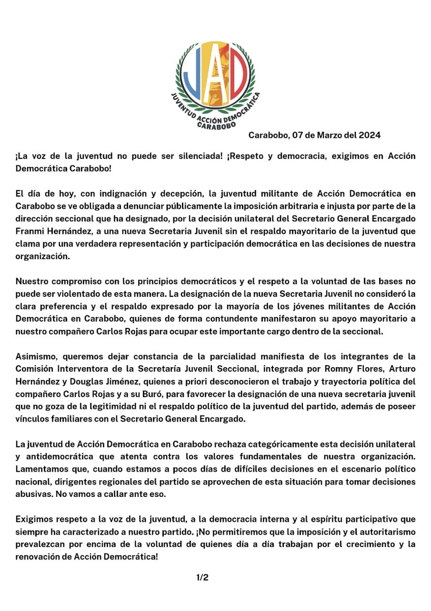 elgalloblancove's tweet photo. Con indignación y decepción, la JAD Carabobo se ve obligada a denunciar la imposición arbitraria e injusta por decisión del Secretario General Encargado Franmi Hernández, a una nueva Secretaria Juvenil.

 ¡La voz de la juventud no puede ser silenciada.

 #JuventudSeRespeta https://t.co/dlfWzrAxr4