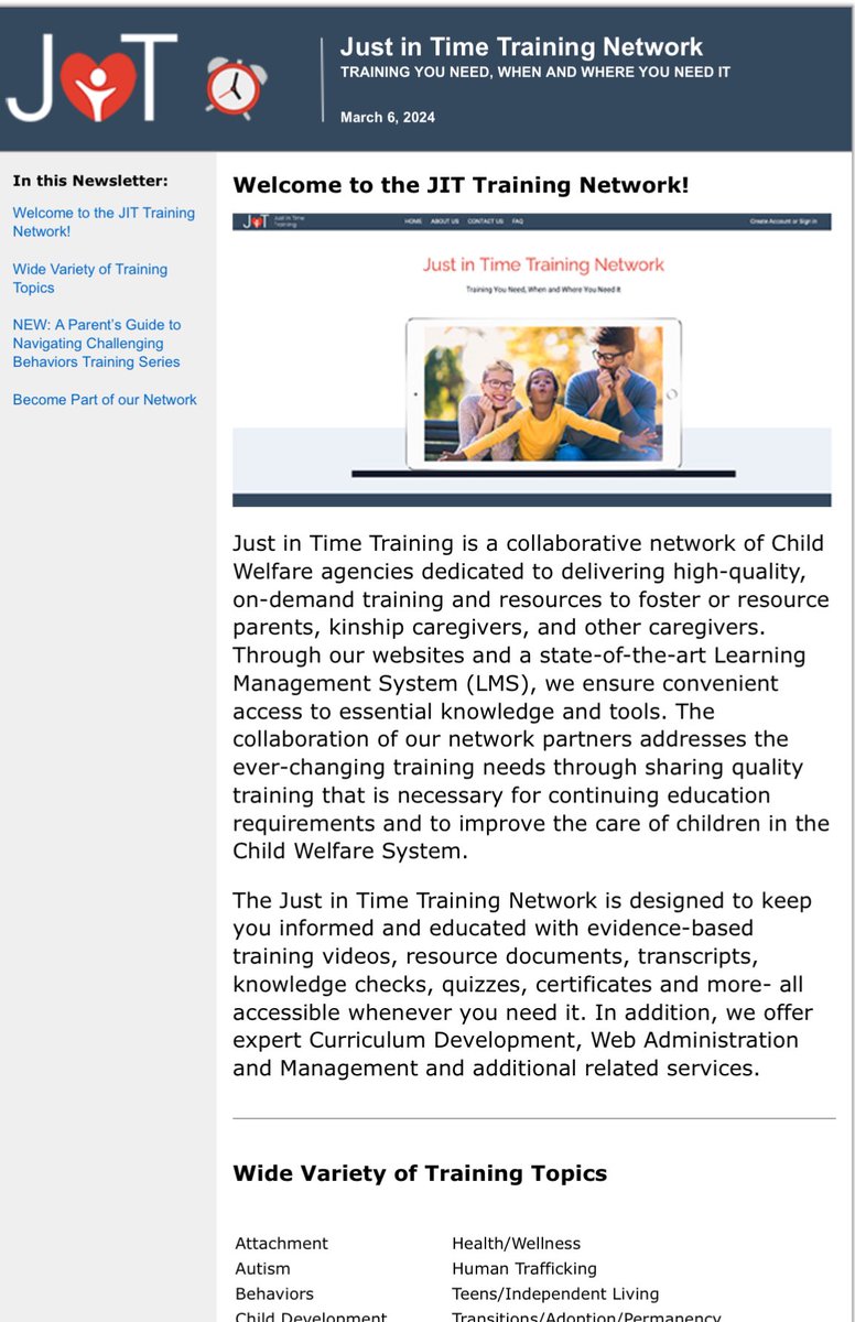 Check out our recent newsletter for exciting news about the Just in Time Training Network. 

Visit jittrainingnetwork.org/learnmore or email jitsupport@usf.edu to learn more about how we can partner to make a real difference in the lives of foster children.

listserv.usf.edu/scripts/wa.exe…