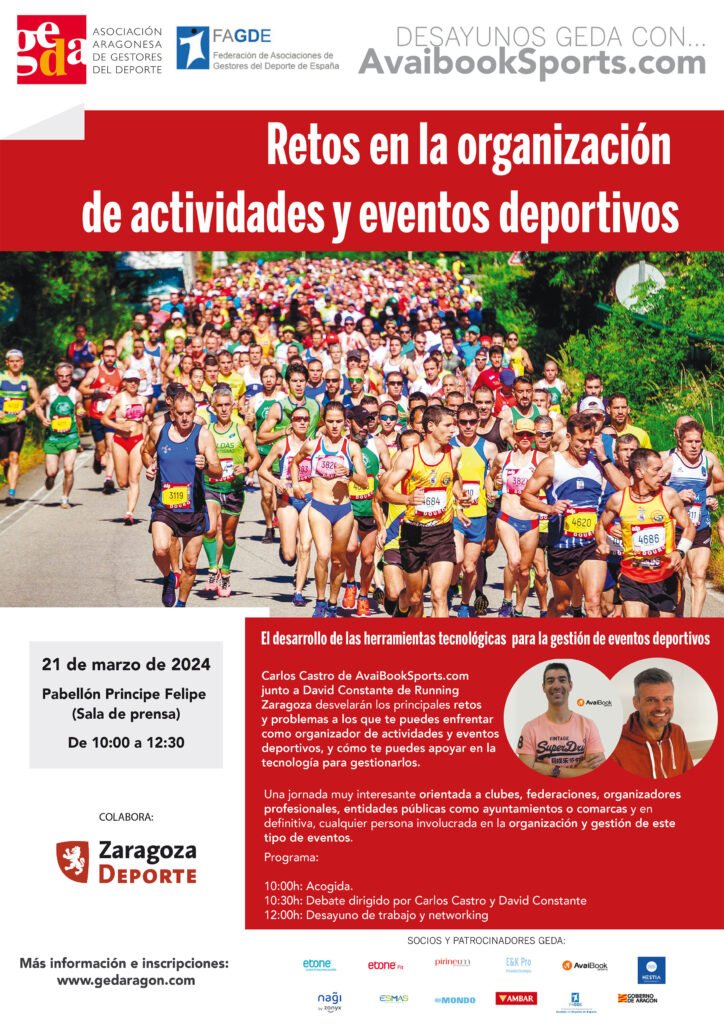 #FormaciónDeporteAragón: Desayunos <a href="/GedaGedaragon/">GEDA ARAGÓN</a>  con… <a href="/AvaiBookSports/">AvaiBook Sports</a> .com "Retos en la organización de actividades y eventos deportivos". 21/03/2024. Pabellón PRÍNCIPE FELIPE. 10:00 a 12:30 hrs. gedaragon.com/desayunos-geda…