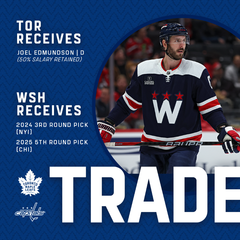 MapleLeafs's tweet photo. TRADE: We’ve acquired defenceman Joel Edmundson from the Washington Capitals