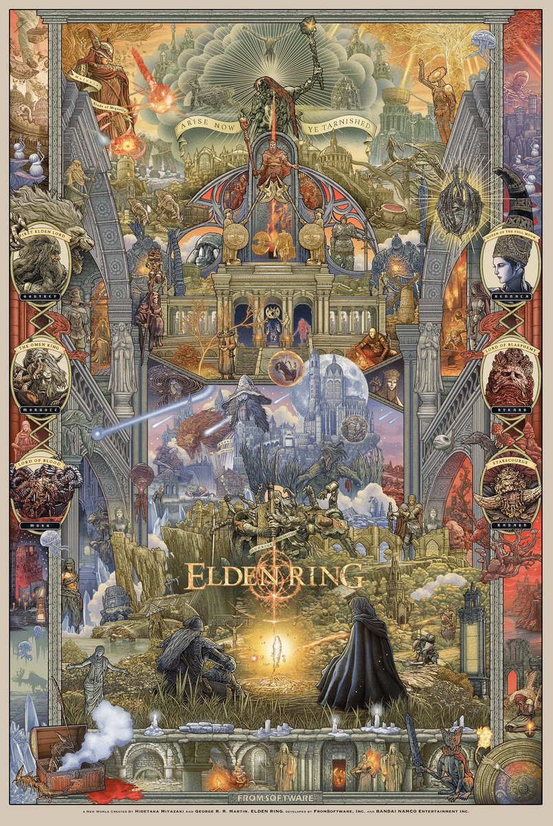 这张图真的完美的把法环涵盖，无论是从排版还是人物的选取都非常出色
唯一的缺憾就是没有深根底层，如果把下水道再深一层做成死王子的脸然后左右是兰斯桑克斯和弗尔桑克斯就好了。
但是还是为这位设计师所折服