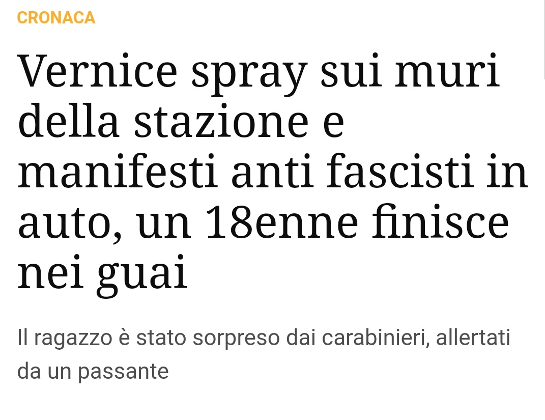 «Nel portabagagli della vettura, inoltre, c'erano anche manifesti anti fascisti. Il giovane è stato denunciato».

L'antifascismo non è reato! #matrice