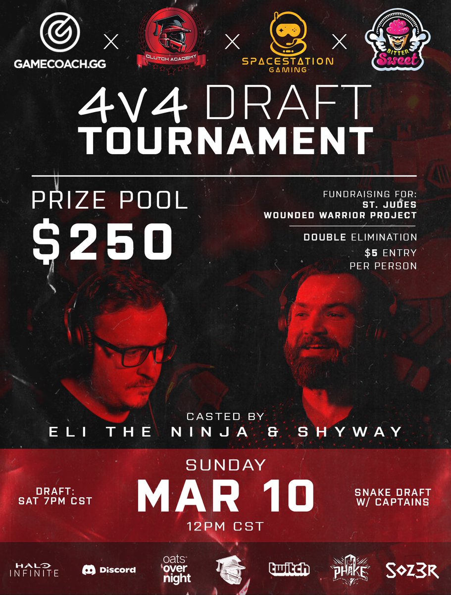 🎉 RT! 4v4 HUGE TOURNEY UPDATE!: (discord.gg/clutchacademy) 1. MASSIVE INCREASE IN THE PRIZE POOL TO $400 from our sponsor @BitterSweetGG! 2. WE ARE ALMOST FULL! 41/64 PLAYERS! (80 if we want to push it!) DRAFT SATURDAY! 3. SUNDAY ONLY TOURNAMENT! 12CST! 🫡Bittersweet is…