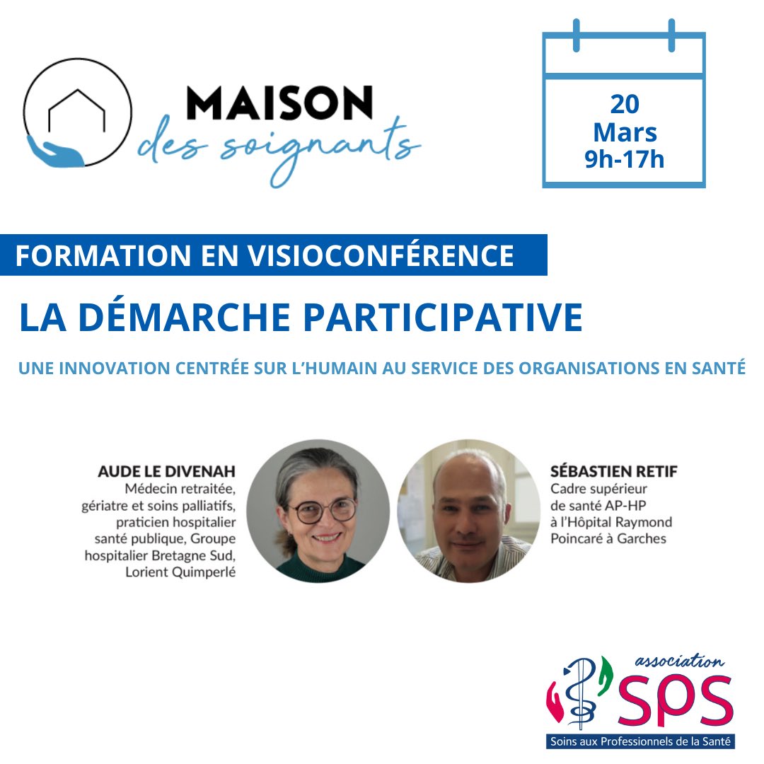 ✅ Participez à la #formation en #visioconférence sur la démarche participative 📆 Le 20 mars de 9h à 17h ➡️ Animée par Aude le Divenah et Sébastien Retif 👉 asso-sps.fr/prevention/for… #preventionsante #soignants #santementale #QVT #DP #demarcheparticipative #etudiants