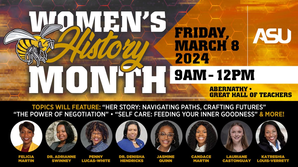 BamaStateSports's tweet photo. You Don't Want To Miss this GREAT panel of speakers. Join us in the Abernathy Great Hall Teachers on Friday from 9 AM - 12 PM for this Great Event! Come celebrate Women's History Month with us.

#SWARMAS1 https://t.co/GvUnNNi3mE