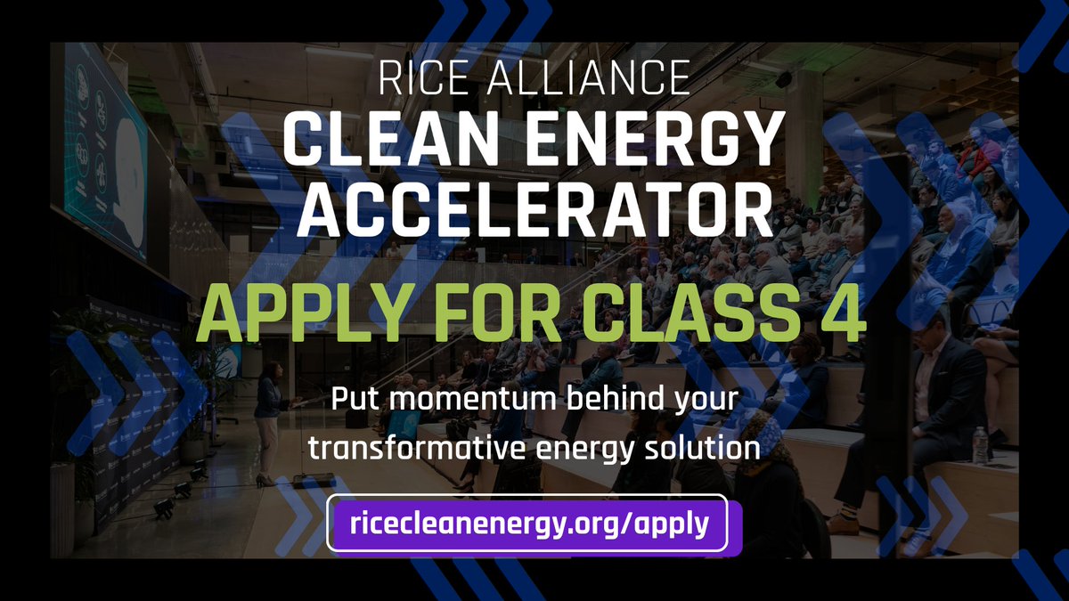 ricealliance's tweet image. The Rice Alliance Clean Energy Accelerator helps seed-stage startups from around the world developing #cleanenergy solutions achieve technical & commercial milestones that accelerate development, establish market adoption, and expand their reach. Apply at: ricecleanenergy.org