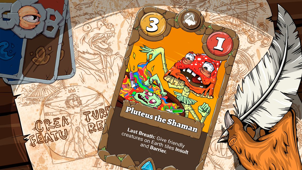 Today's creature feature - Pluteus the Shaman.

Pluteus has multiple keywords in his text, granting immense utility on the battlefield!

Last Breath will trigger just before the creature dies, and imbue all friendly Earth creatures with the powerful combo of Insult (you must