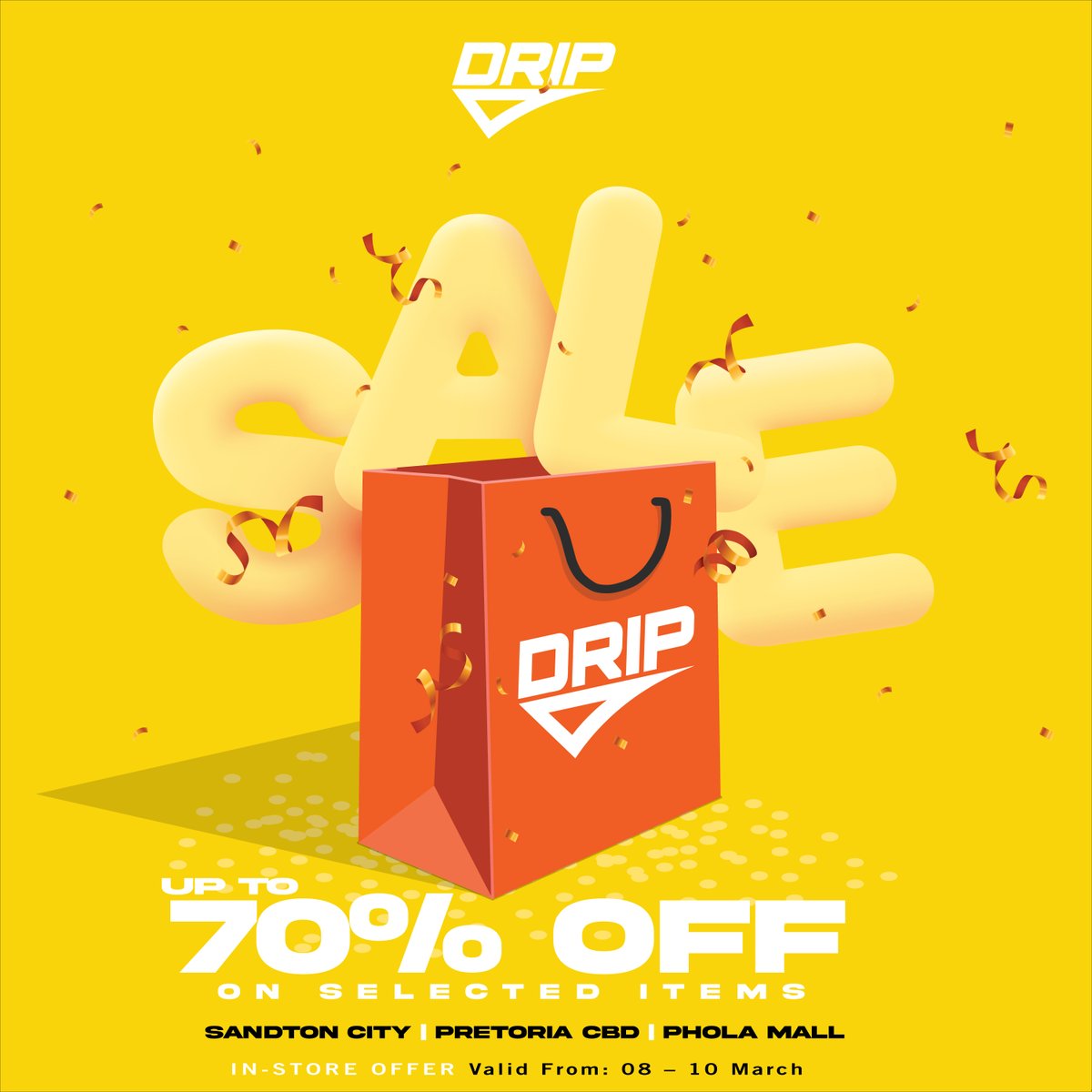 Are you ready to SHOP 'til you DRIP? Our pop-up craze is hitting not one, not two, but THREE of our stores: Pretoria CBD, Sandton City, and again Phola Mall by popular demand! Join us this weekend unbeatable deals at every stop!